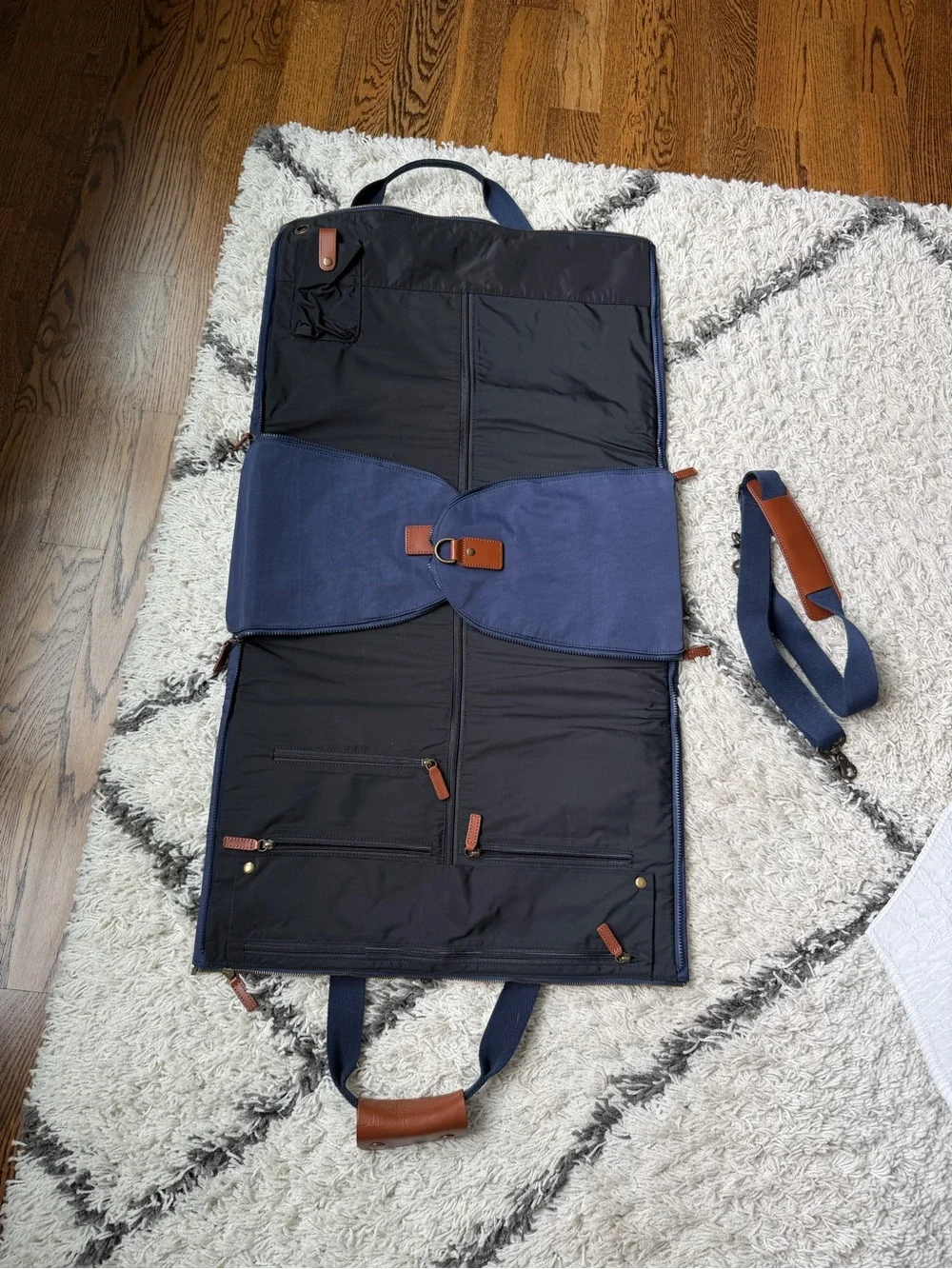 Mark & Graham Commuter 2 in 1 Garment/Duffel in navy canvas with Leather Accents